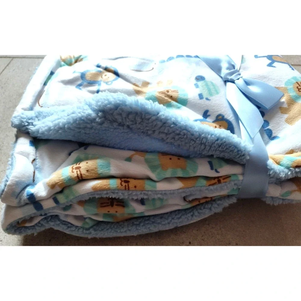 Luvable‎ Friends Baby Boy Blue Safari Plush Blanket Monkey Lion Alligator Sherpa